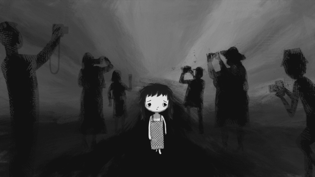 Artistic depiction of a sad young girl walking between onlookers taking photographs